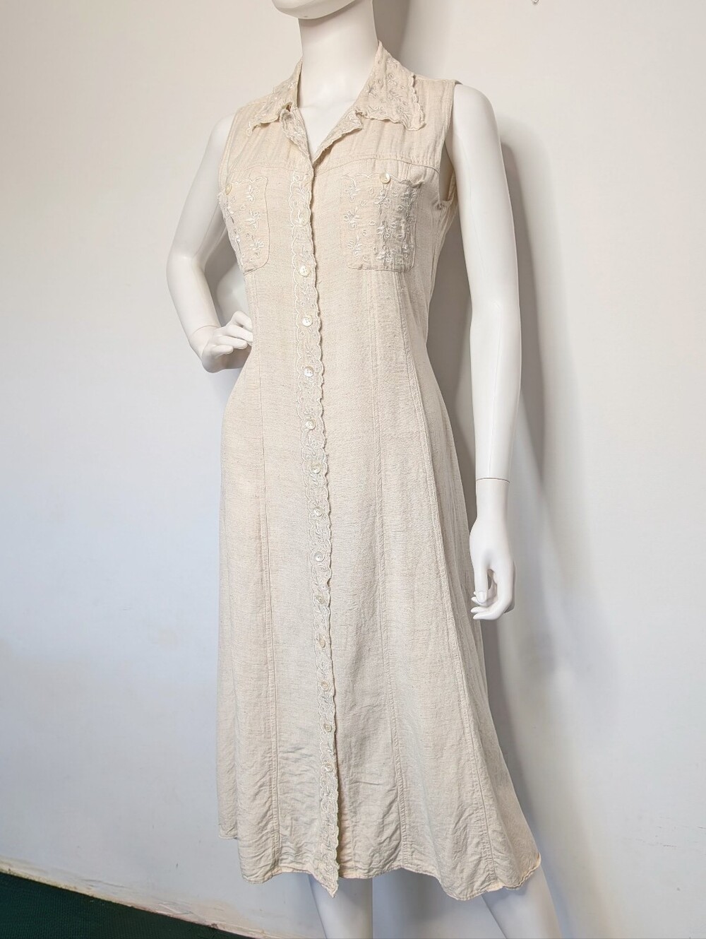 Vintage 90s Cream Color Linen Blend Button Front Sleeveless Collared Midi Dress - Picture 2 of 14